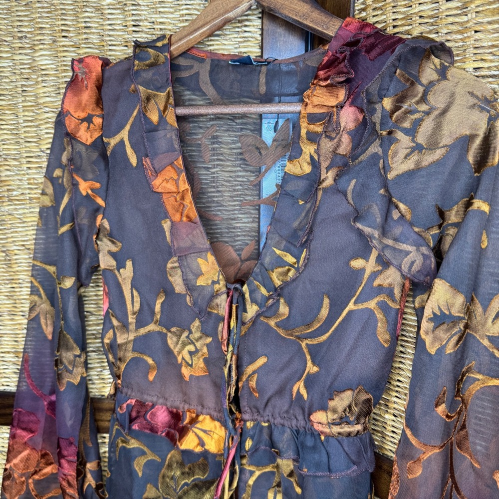Floral Burnout Velvet Sheer Peplum Ruffle Blouse Bell Sleeve Whimsigoth Grunge 4 - Picture 3 of 6